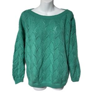 Milankiss Teal Green Scalloped Open Knit Wool Blend Boxy Sweater M